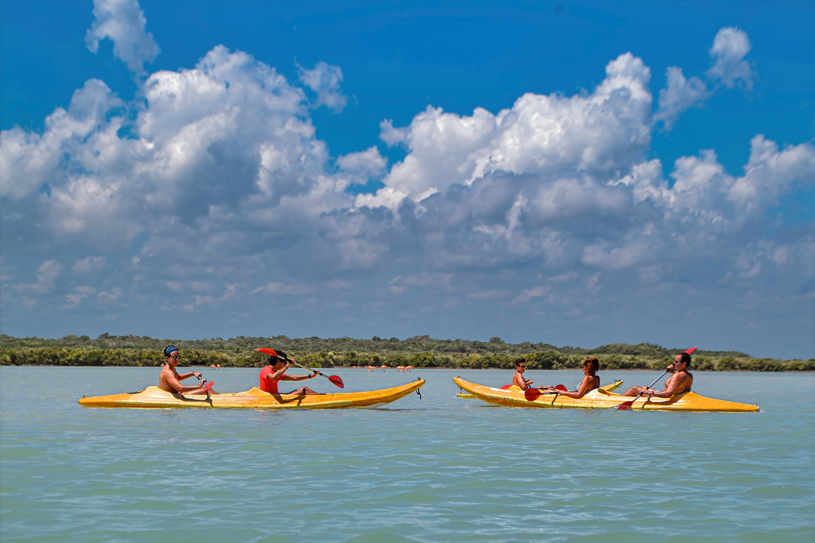 Group of people kayaking on turquoise water under a blue sky with white clouds.