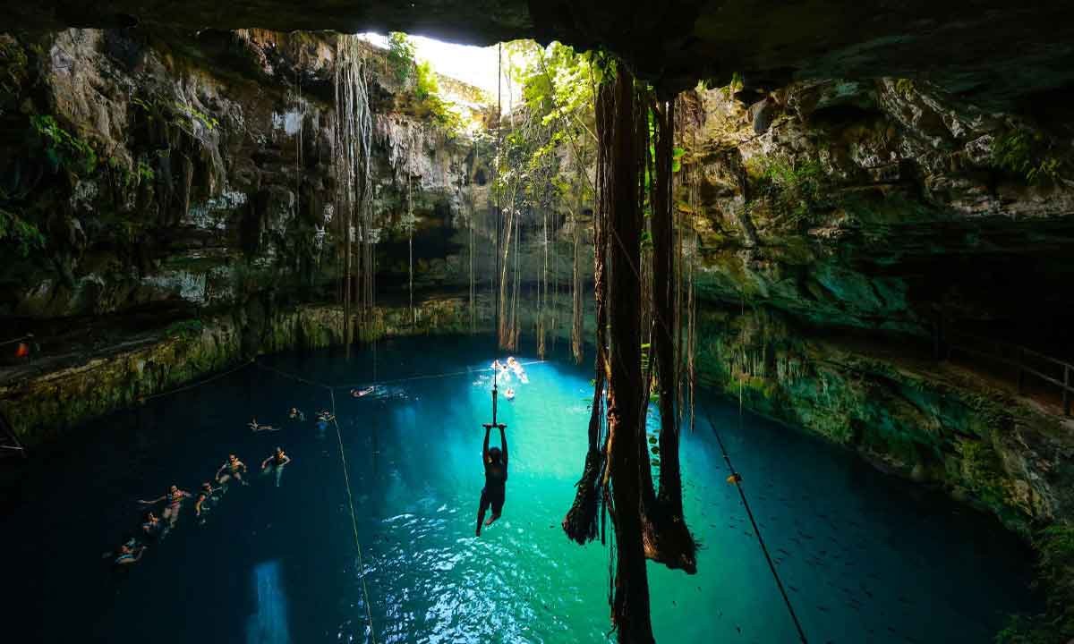 Turquoise cenote with travelers swimming beneath hanging roots on a private Mexico journey in the Yucatán Peninsula.