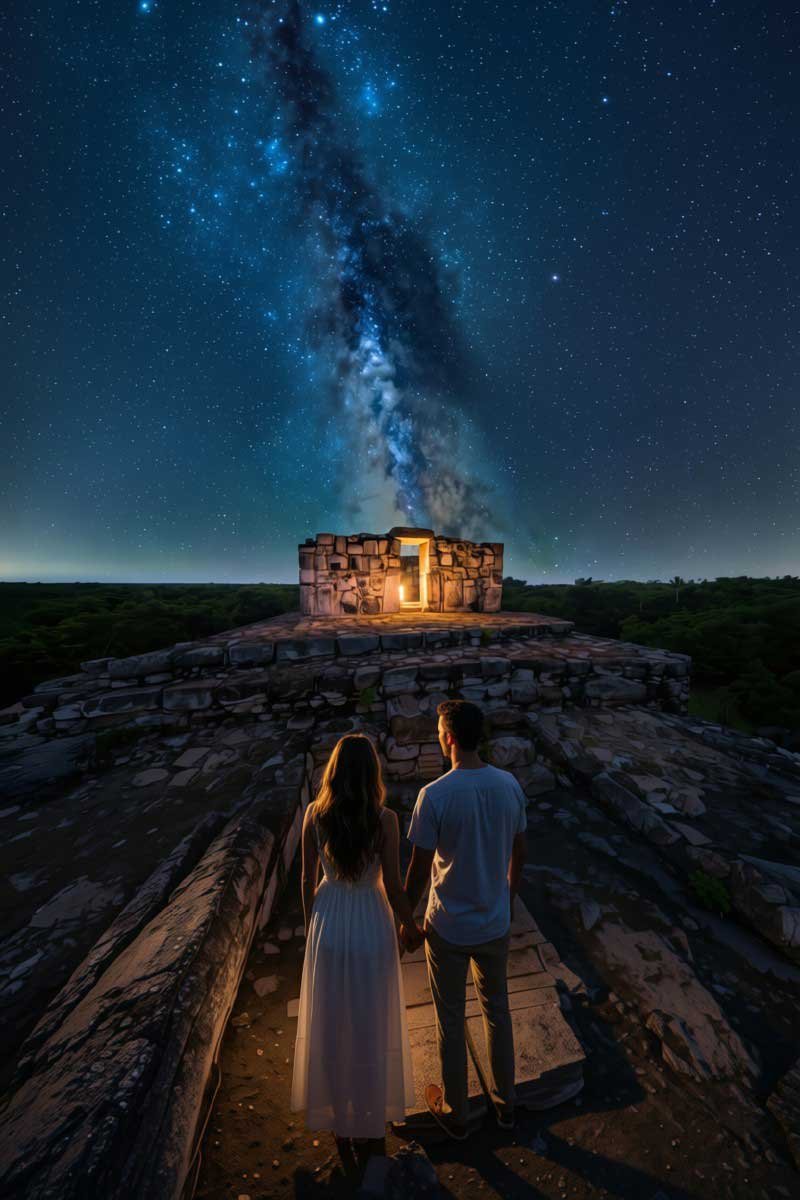 Ek Balam archaeological site under the Milky Way, reflecting Maya heritage on a private Mexico journey in Yucatán.