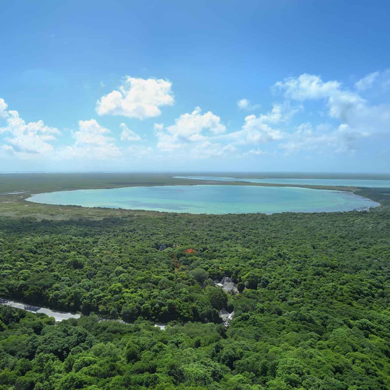 Aerial view of Sian Ka’an Biosphere Reserve, a protected landscape for private Quintana Roo journeys